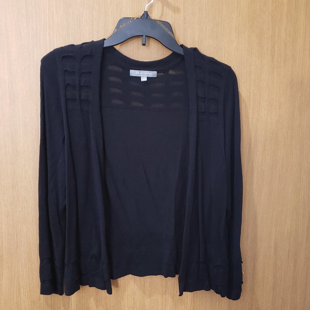 NY Collection, black, long sleeve, open front, textured sweater cardigan, large